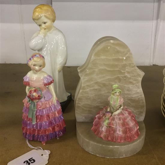 Two Royal Doulton figures, Little Bridesmaid & Darling & a pair of alabaster bookends with Doulton figural mount